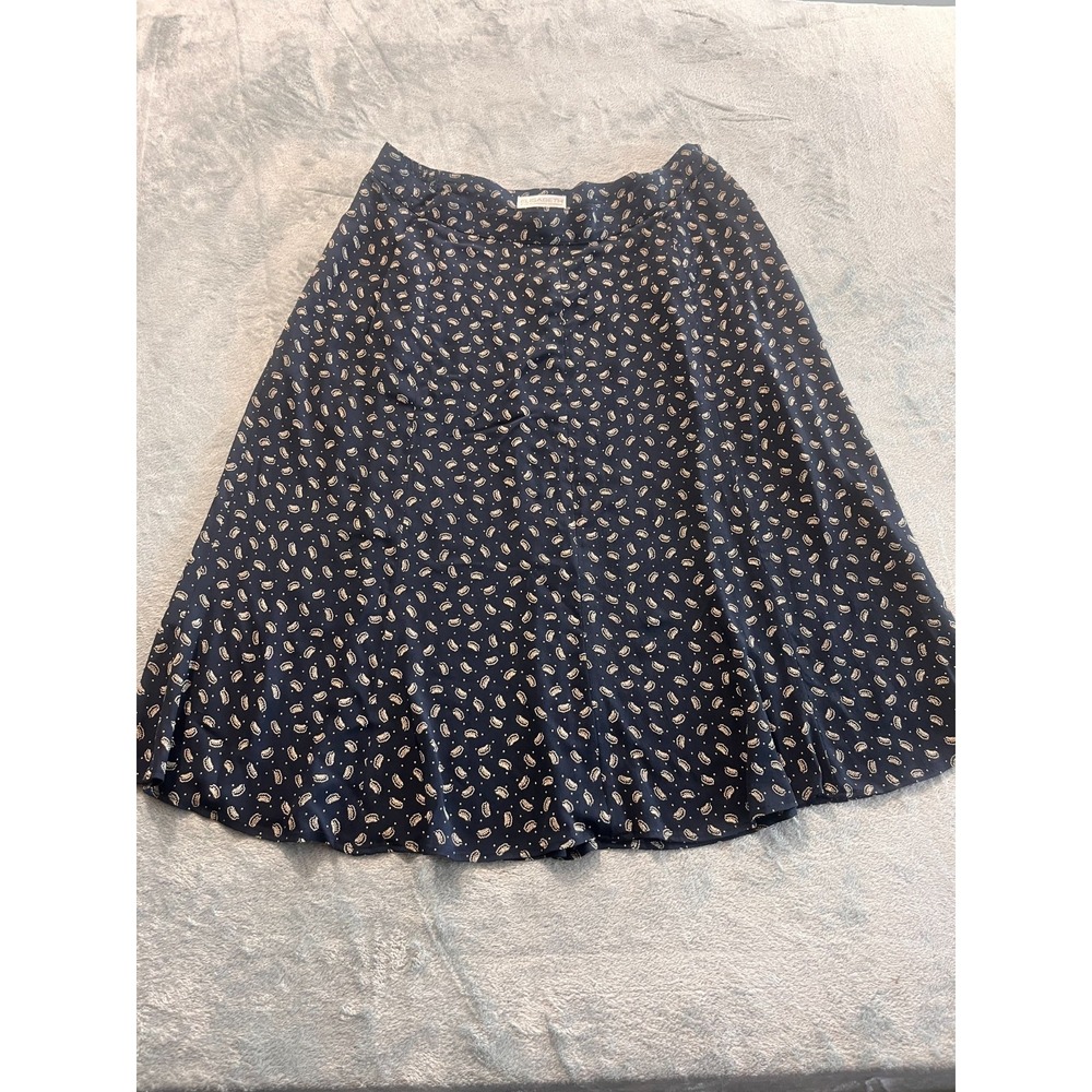 Vintage 1998 Elisabeth Liz Claiborne Navy Leaf Rayon Midi Skirt Size 16 USA Made